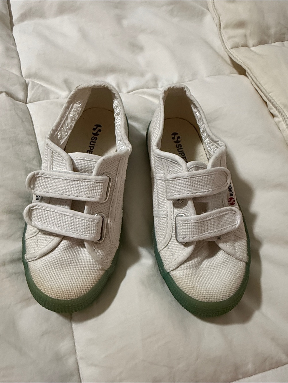 Superga White Canvas Kids Sneakers with Green Rubber Sole and Velcro Straps